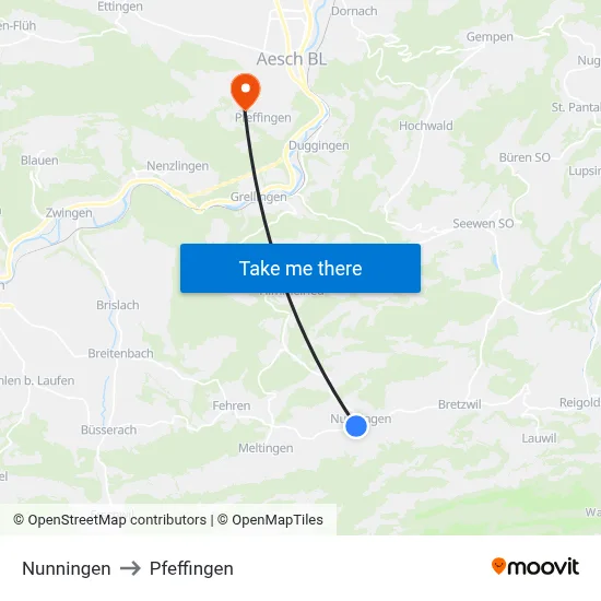 Nunningen to Pfeffingen map