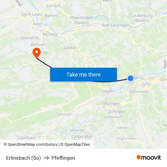 Erlinsbach (So) to Pfeffingen map