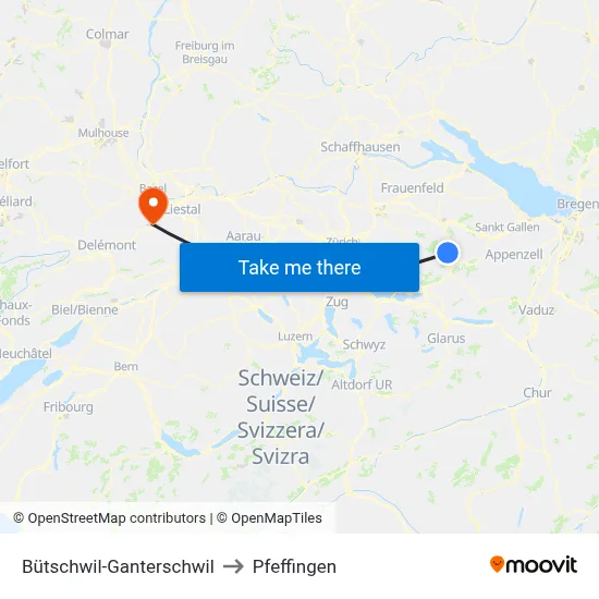 Bütschwil-Ganterschwil to Pfeffingen map