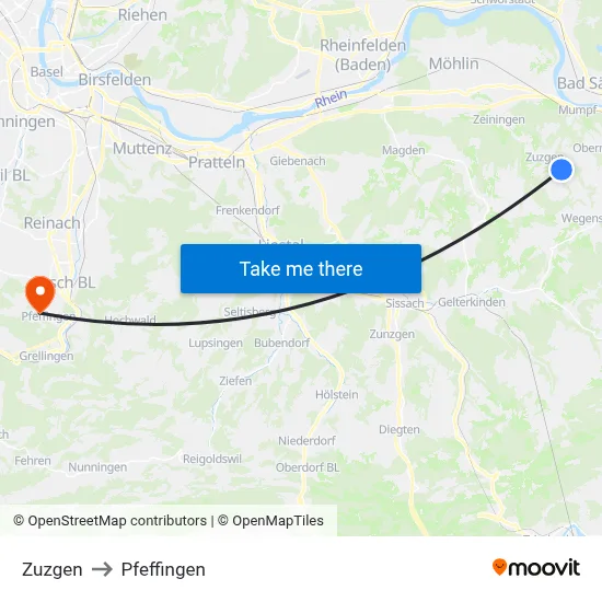 Zuzgen to Pfeffingen map