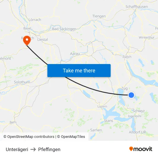 Unterägeri to Pfeffingen map
