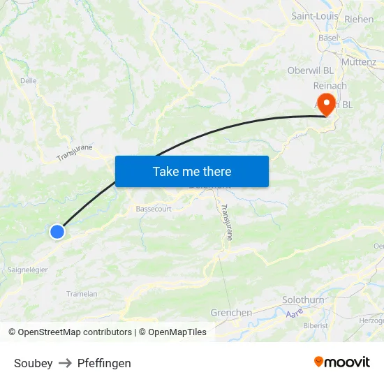 Soubey to Pfeffingen map