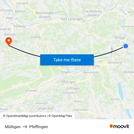 Mülligen to Pfeffingen map