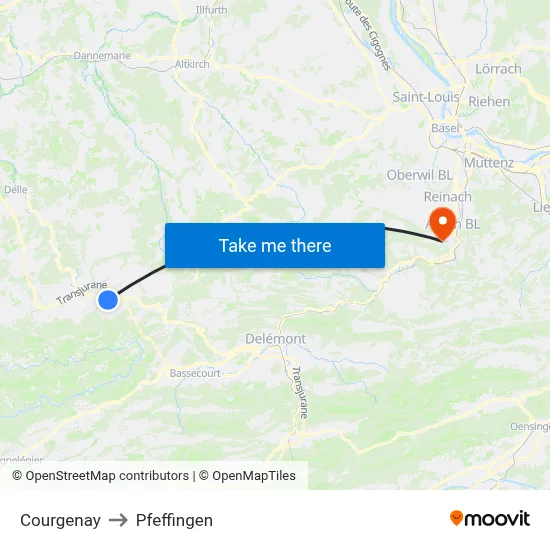 Courgenay to Pfeffingen map