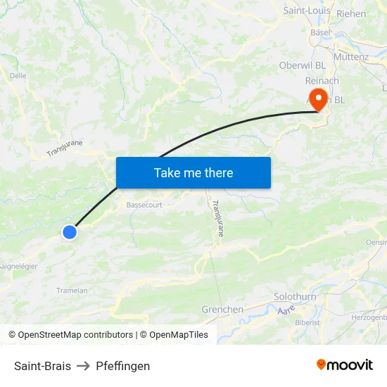 Saint-Brais to Pfeffingen map
