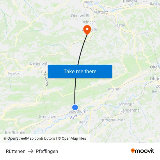Rüttenen to Pfeffingen map