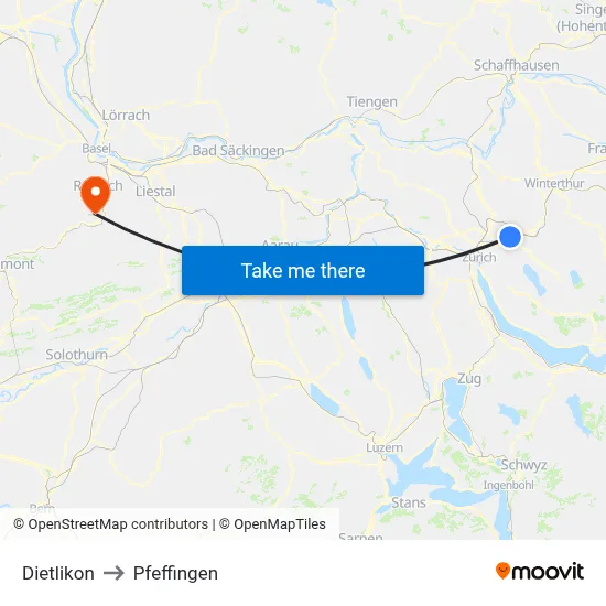 Dietlikon to Pfeffingen map