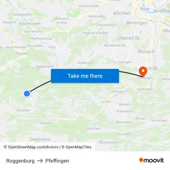 Roggenburg to Pfeffingen map