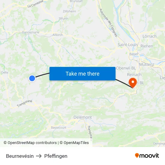 Beurnevésin to Pfeffingen map