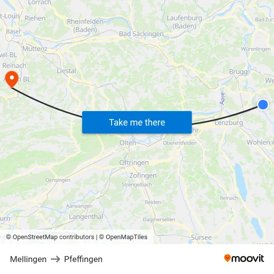 Mellingen to Pfeffingen map