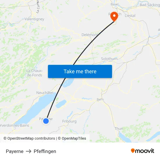 Payerne to Pfeffingen map