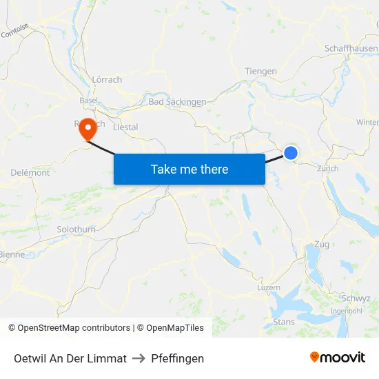 Oetwil An Der Limmat to Pfeffingen map