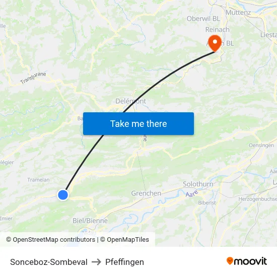 Sonceboz-Sombeval to Pfeffingen map