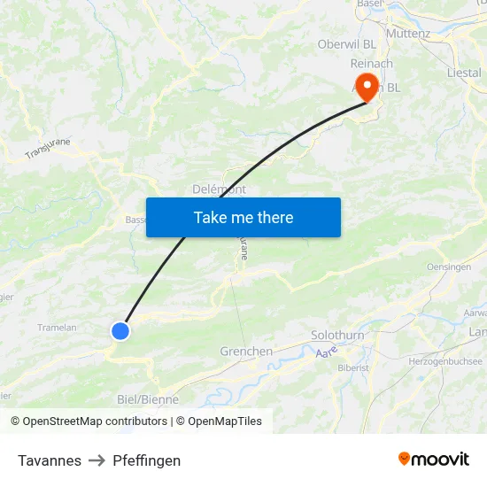 Tavannes to Pfeffingen map