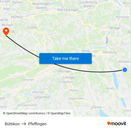Büttikon to Pfeffingen map