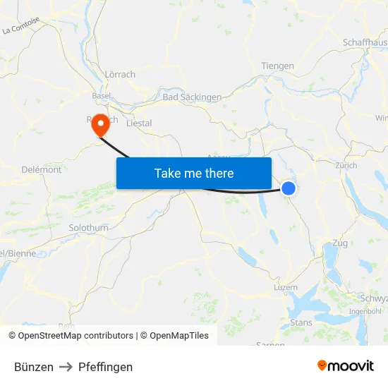 Bünzen to Pfeffingen map