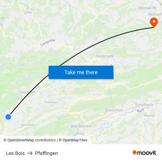 Les Bois to Pfeffingen map