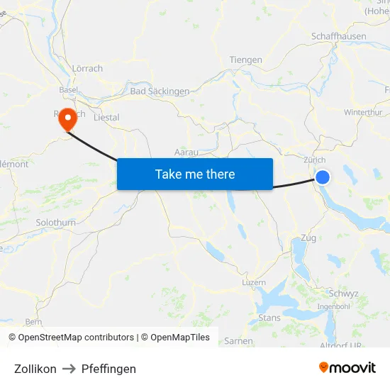 Zollikon to Pfeffingen map