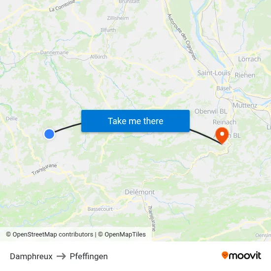 Damphreux to Pfeffingen map