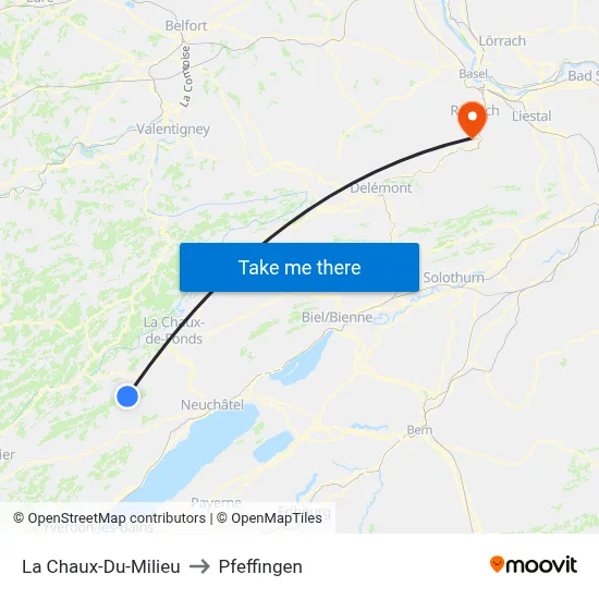 La Chaux-Du-Milieu to Pfeffingen map