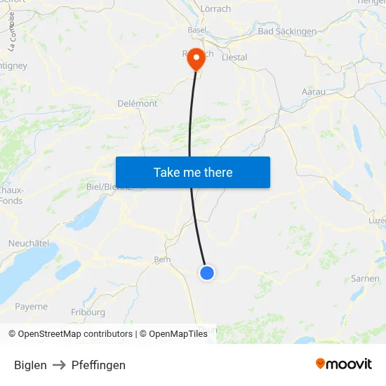 Biglen to Pfeffingen map