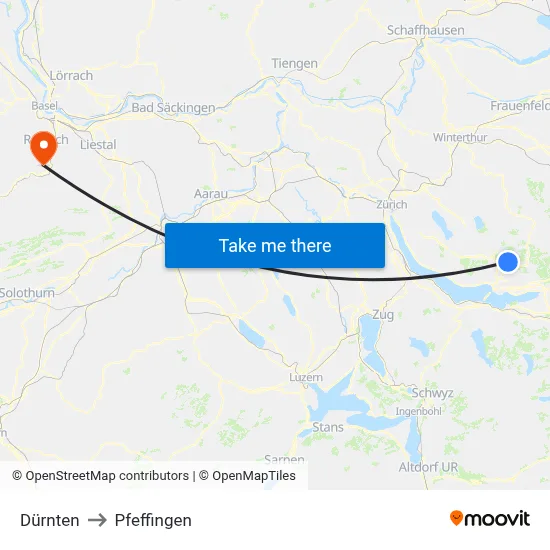 Dürnten to Pfeffingen map