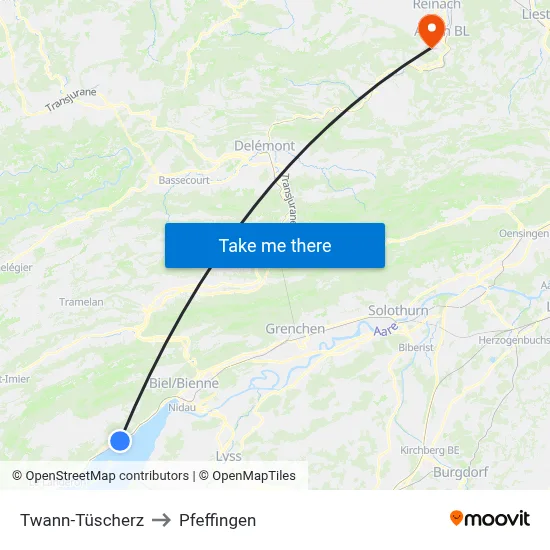 Twann-Tüscherz to Pfeffingen map