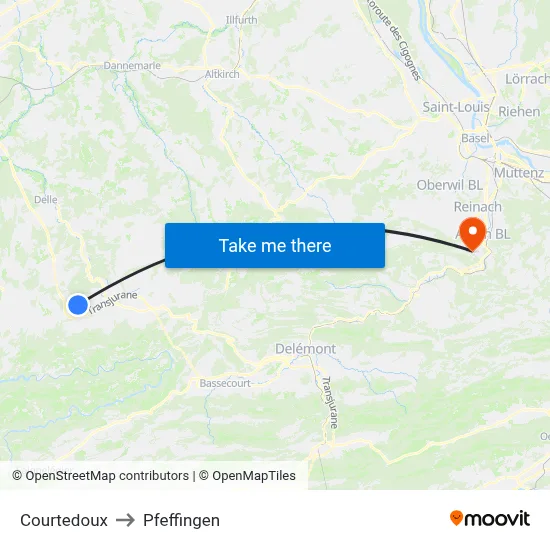 Courtedoux to Pfeffingen map