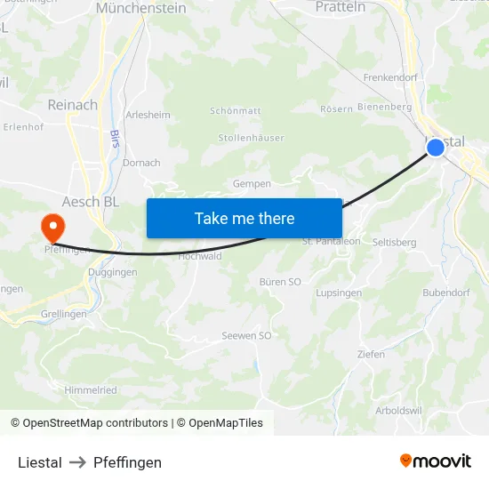 Liestal to Pfeffingen map