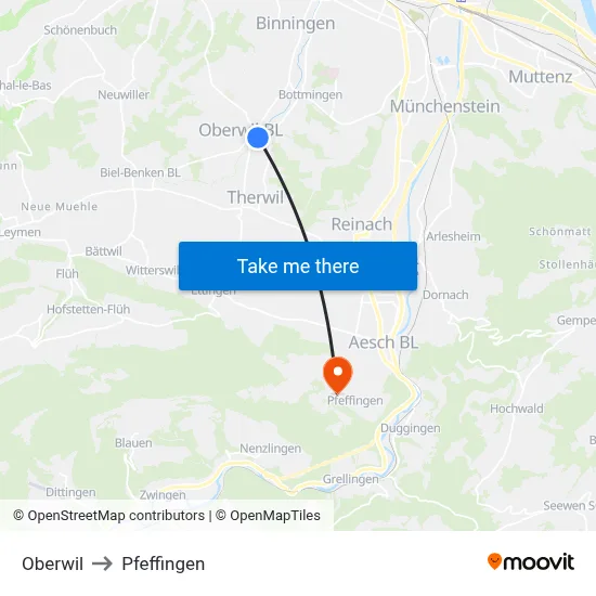 Oberwil to Pfeffingen map