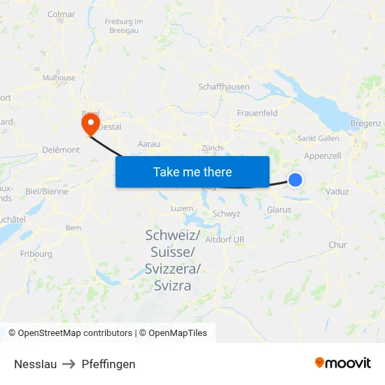 Nesslau to Pfeffingen map