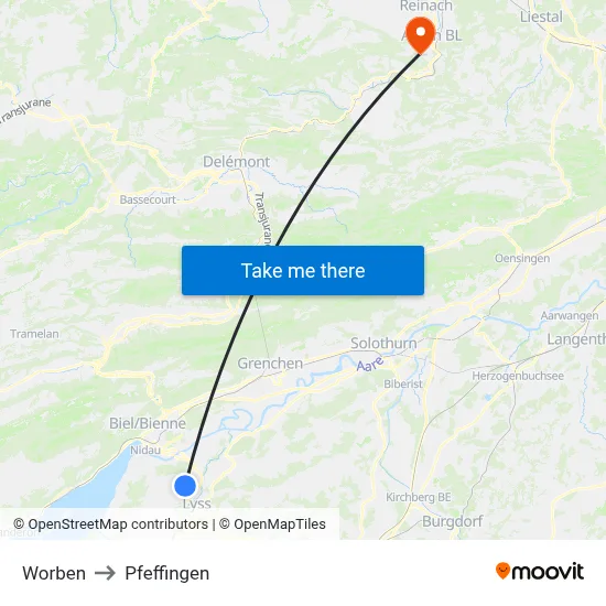 Worben to Pfeffingen map