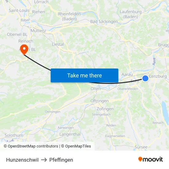 Hunzenschwil to Pfeffingen map