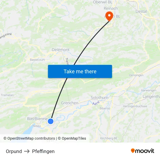 Orpund to Pfeffingen map
