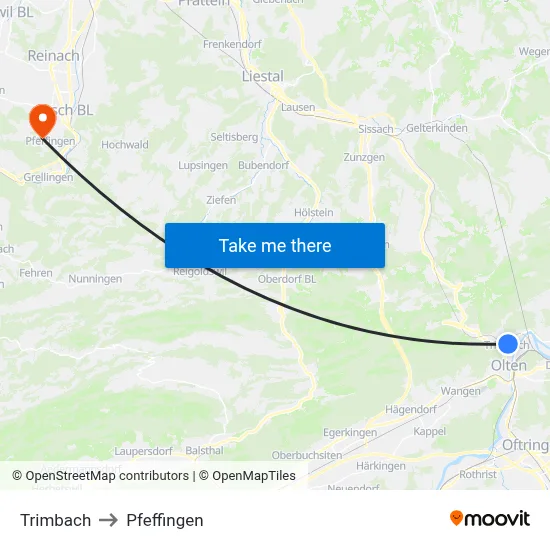 Trimbach to Pfeffingen map
