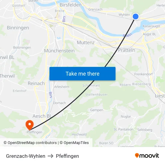 Grenzach-Wyhlen to Pfeffingen map