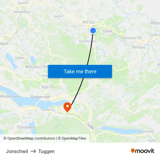 Jonschwil to Tuggen map