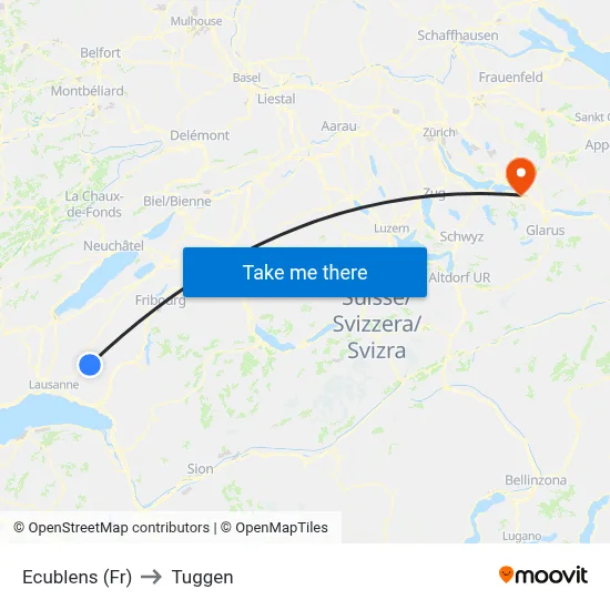 Ecublens (Fr) to Tuggen map