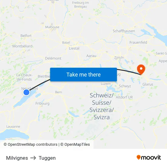 Milvignes to Tuggen map