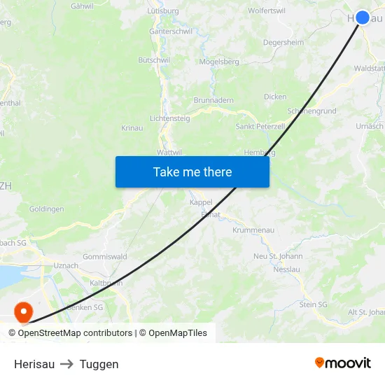 Herisau to Tuggen map
