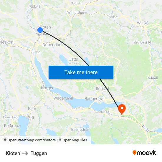 Kloten to Tuggen map