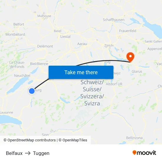 Belfaux to Tuggen map