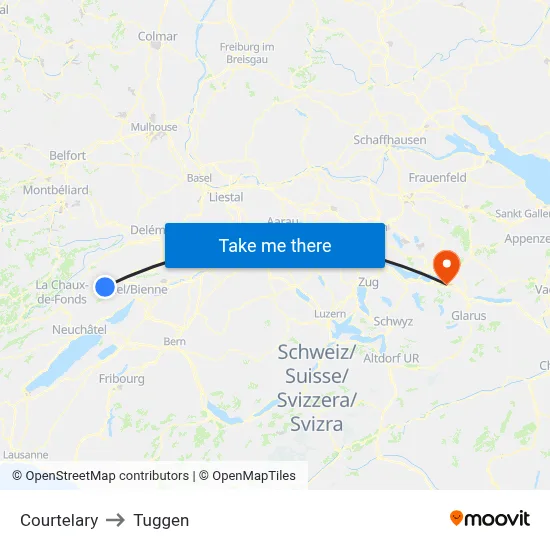 Courtelary to Tuggen map
