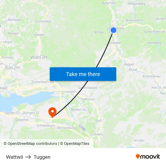 Wattwil to Tuggen map
