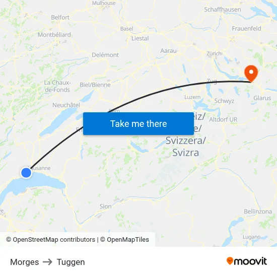Morges to Tuggen map