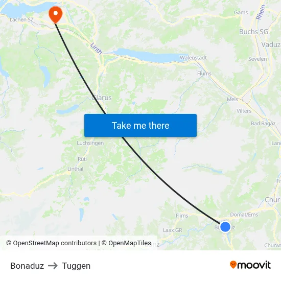 Bonaduz to Tuggen map