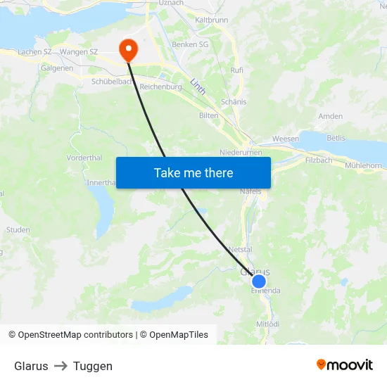 Glarus to Tuggen map