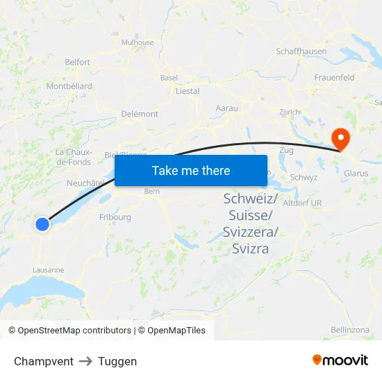 Champvent to Tuggen map