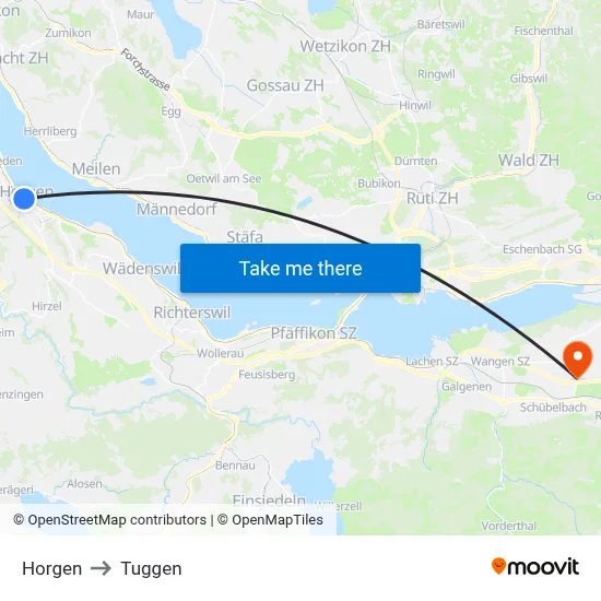 Horgen to Tuggen map