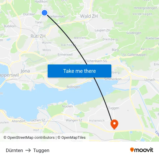 Dürnten to Tuggen map